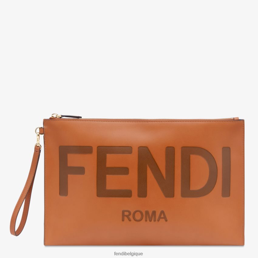 accessoires Fendi grande pochette plate en cuir brun femmes 8X8J2J1503 Fendi Lunette De Soleil
