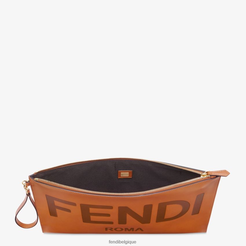 accessoires Fendi grande pochette plate en cuir brun femmes 8X8J2J1503 Fendi Lunette De Soleil