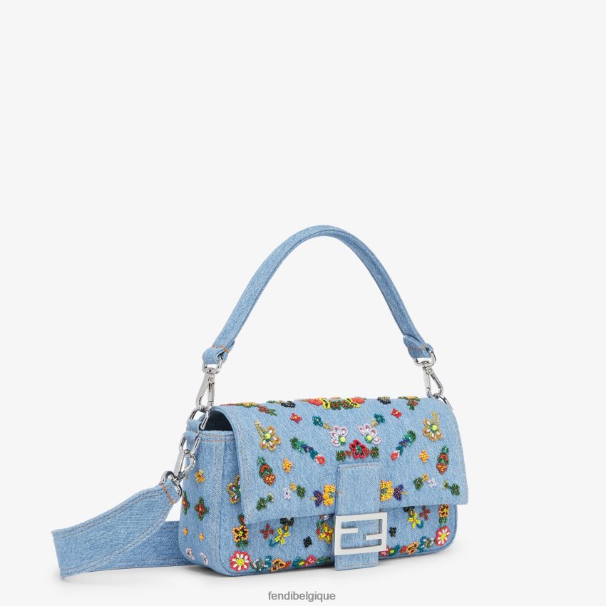 accessoires Fendi sac réédition en denim avec broderie de fleurs bleu clair femmes 8X8J2J635 Fendi Belgique